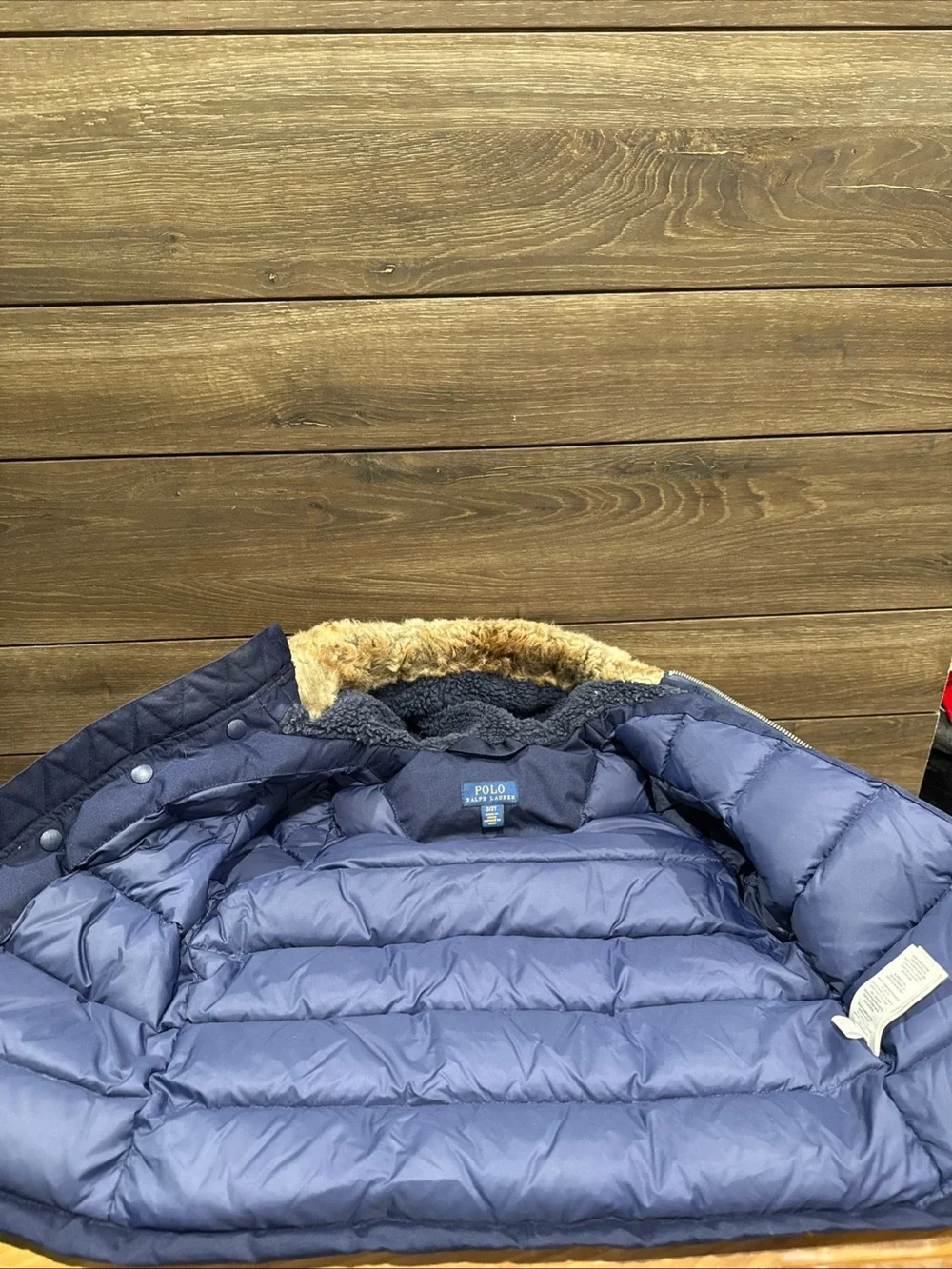Kids Ralph Lauren Navy Hooded Puffer Coat with Faux Fur Trim